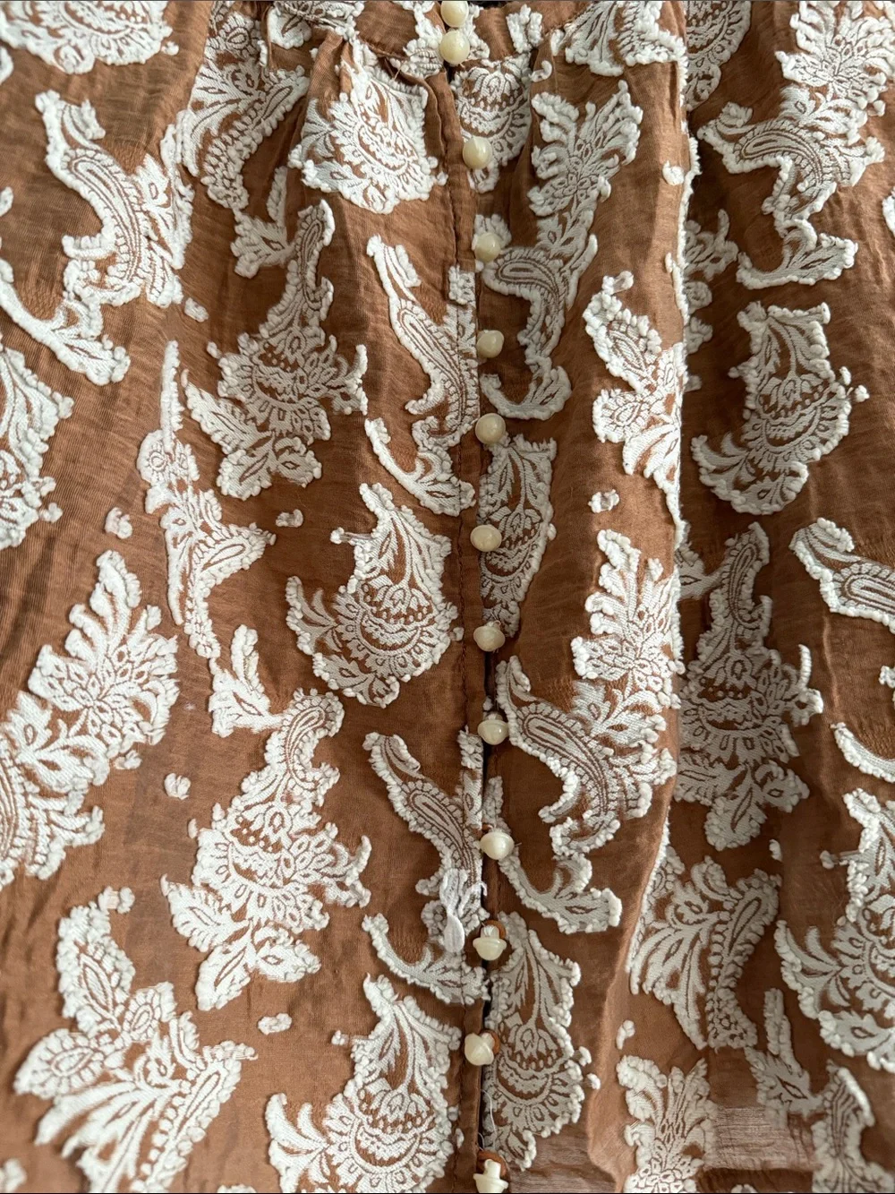 Anthropologie Jacquard Paisley Button Down Top 3/4 Puff Sleeve Romantic Boho Sz